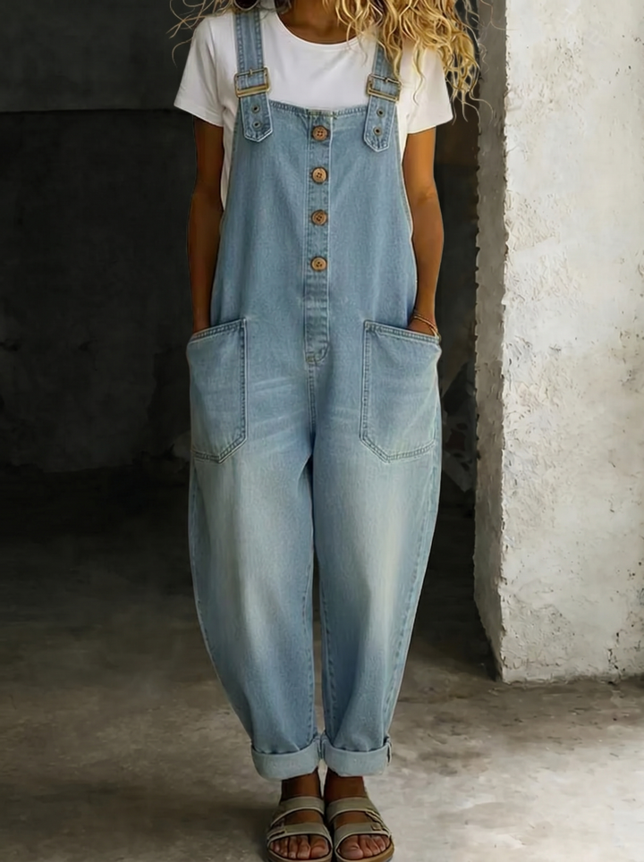 Carmen - Vintage denim jumpsuit van zacht katoen met verstelbare schouderbanden