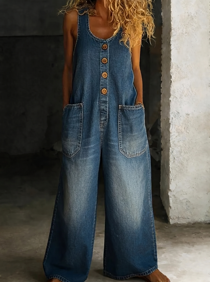 Valentina - Vintage gewassen katoenen denim salopette