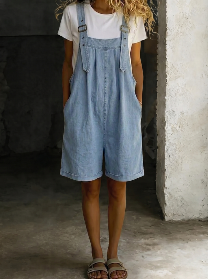 Isabel - Korte denim jumpsuit met zachte katoenlook en vintage wasbeurt Lichtblauw