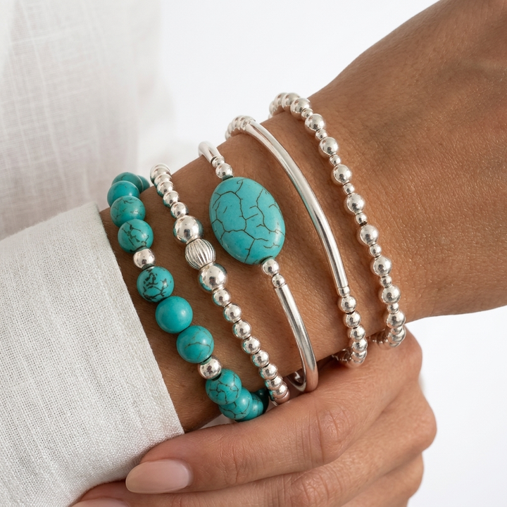 Turquéline™ — Set armbanden met turquoise parels en zilver bohemien