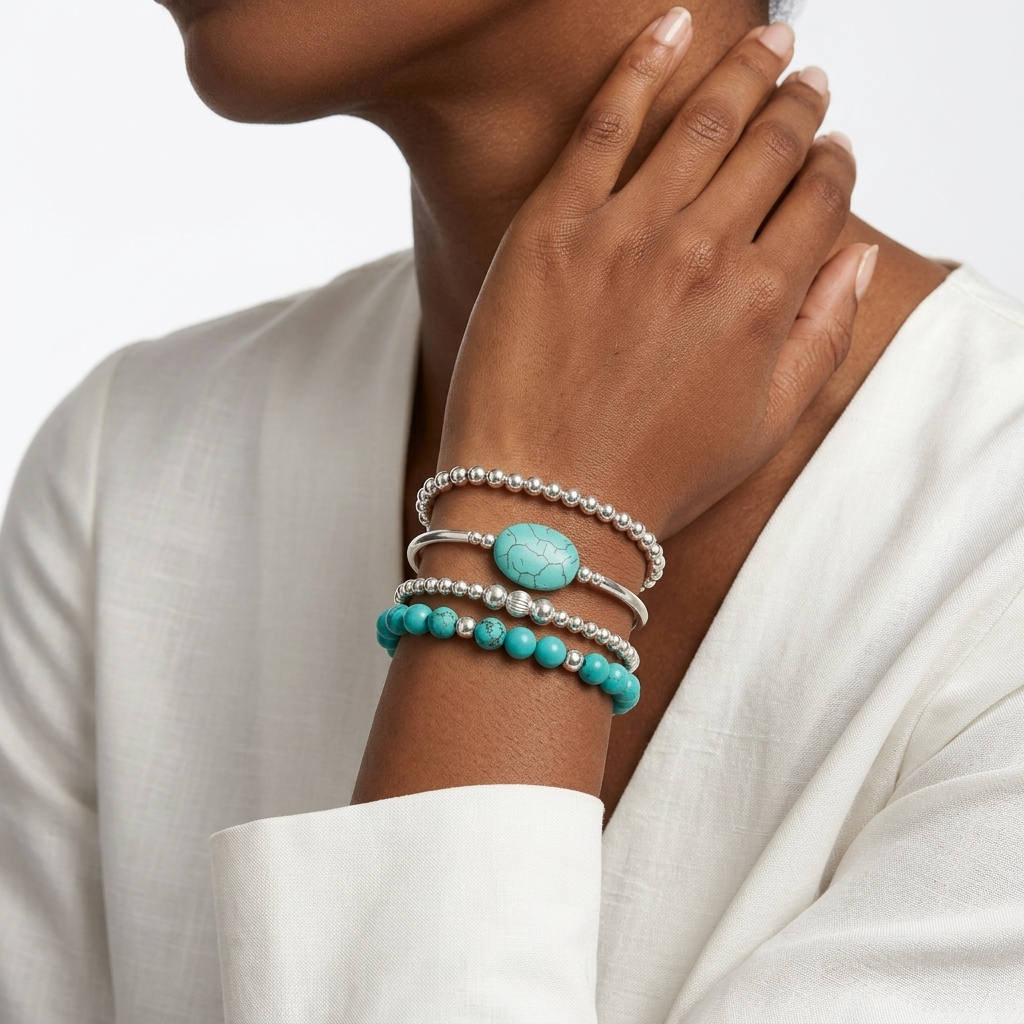 Turquéline™ — Set armbanden met turquoise parels en zilver bohemien