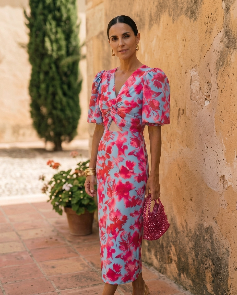 Carla | Midi Jurk Met Gebloemde Print en Puff Mouwen