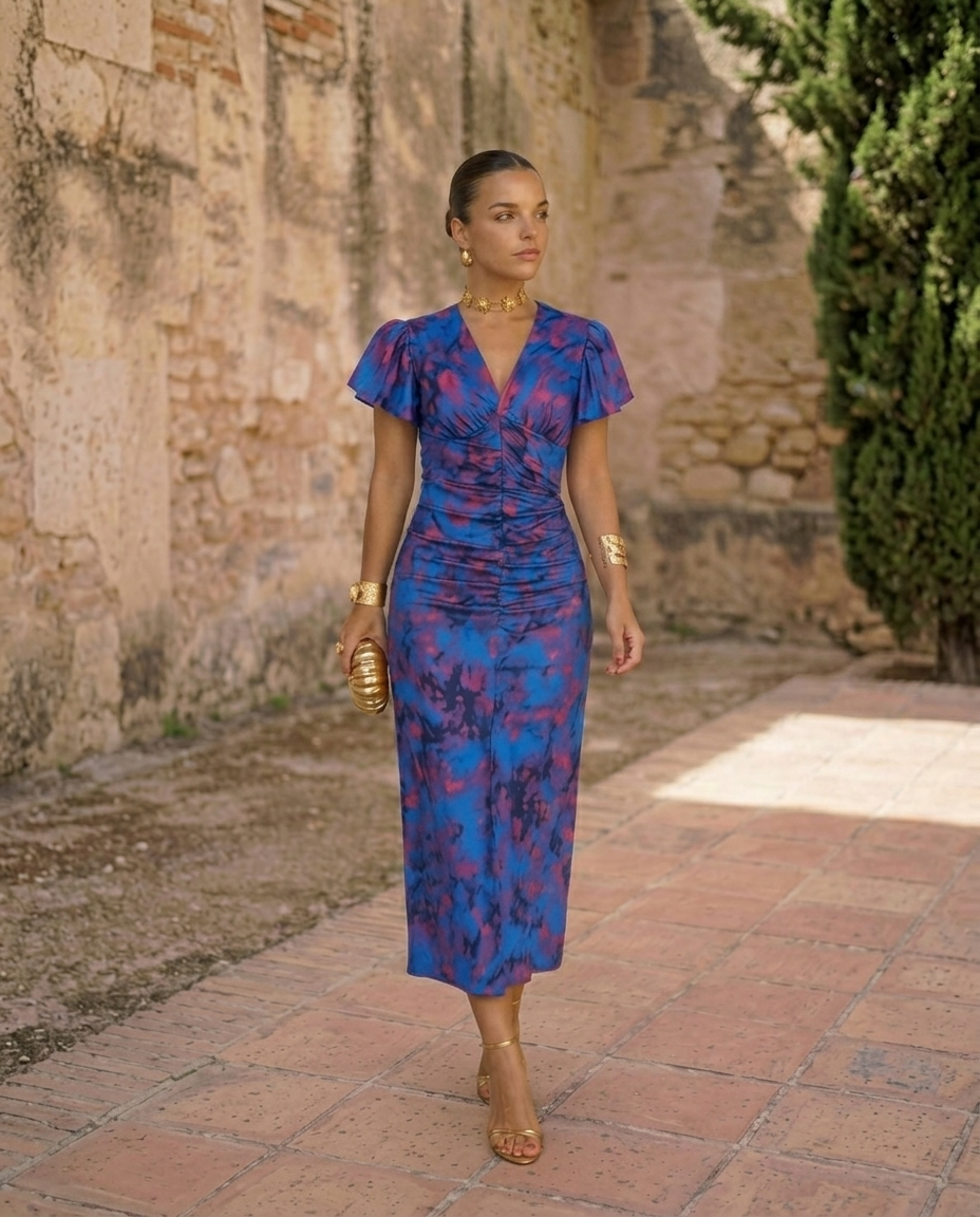 Carla | Midi Jurk Met Gebloemde Print en Puff Mouwen