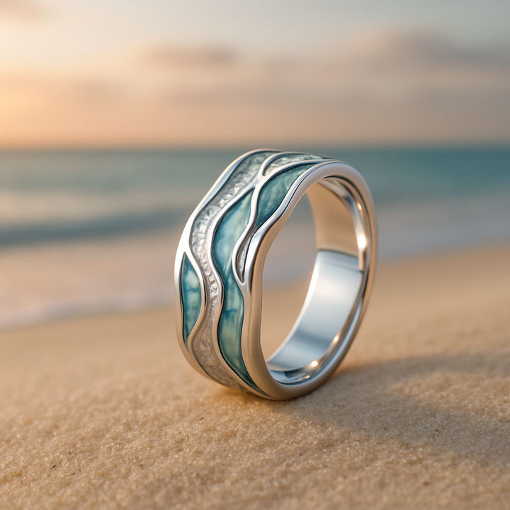 Elegante Turquoise Zilveren Golvenring