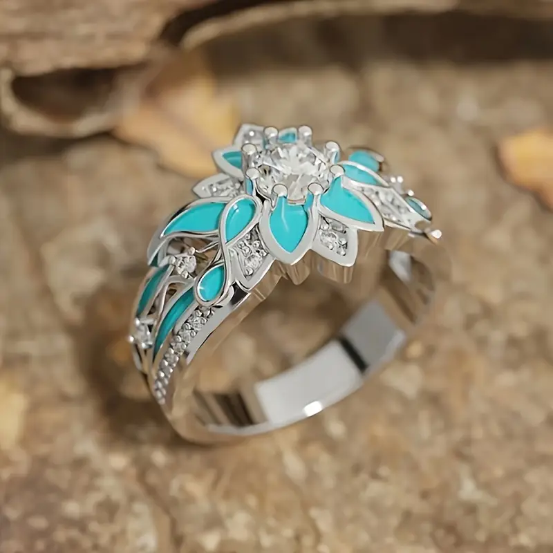 Elegante Turquoise Bloem Kristallen Ring