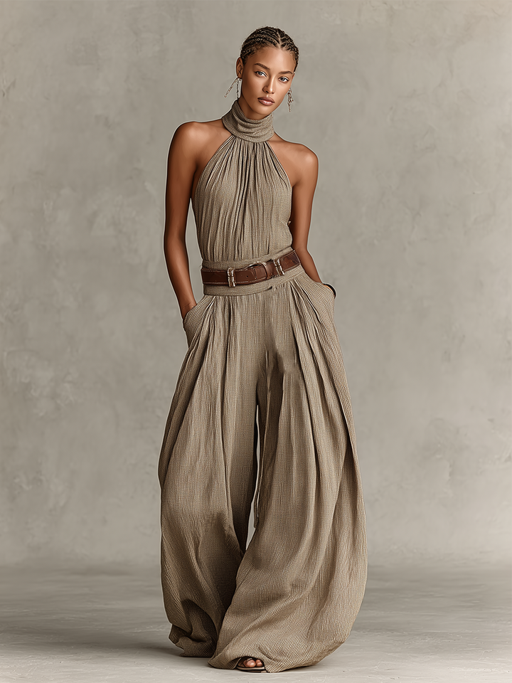 Dames Taupe Katoenmix Jumpsuit Met Halternek & Brede Pijpen, Tijdloze Boho-Elegante Stijl Jumpsuit (Zonder Riem) MDZ0940C3I