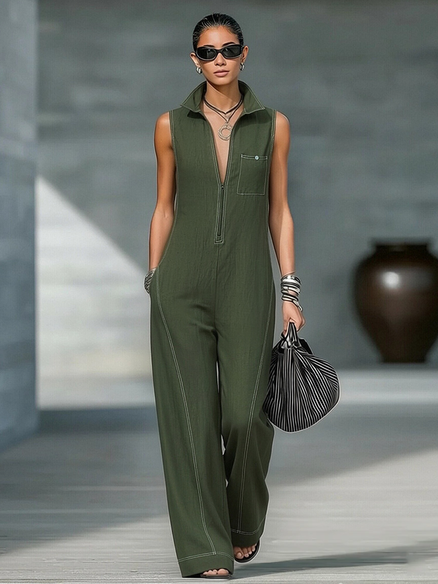 Dames Minimalistische Loszittende Wit Afgewerkte Mouwloze Jumpsuit MDA3086L9Y