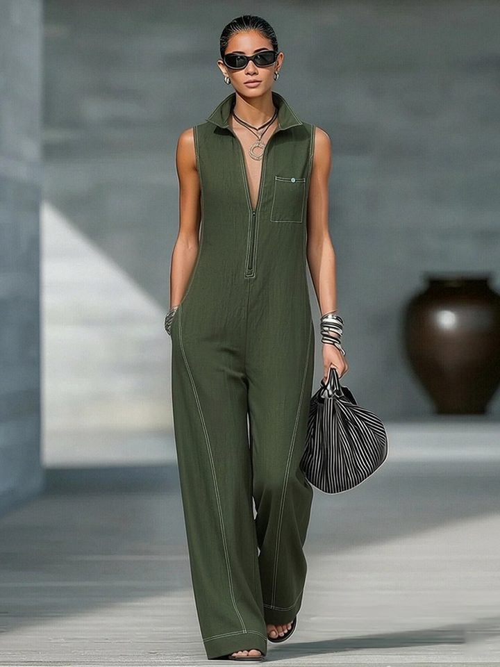 Dames Minimalistische Loszittende Wit Afgewerkte Mouwloze Jumpsuit MDA3086L9Y