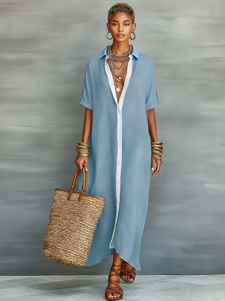 Dames Minimalistische Linnenmix Korte Mouwen Overhemd Maxi Jurk MDZ0647A2Y