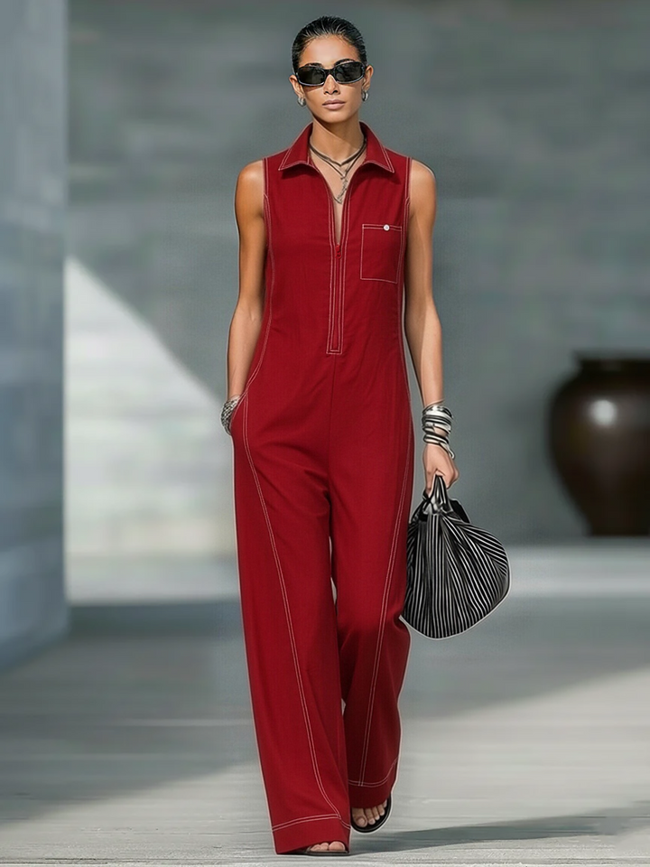 Dames Minimalistische Loszittende Wit Afgewerkte Mouwloze Jumpsuit MDA3086L9Y