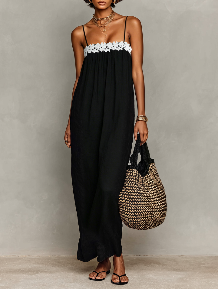 Vrouwen Minimalistische Linnenmix Strapless Maxi Jurk met Spaghettibandjes MDZ1926C9Y