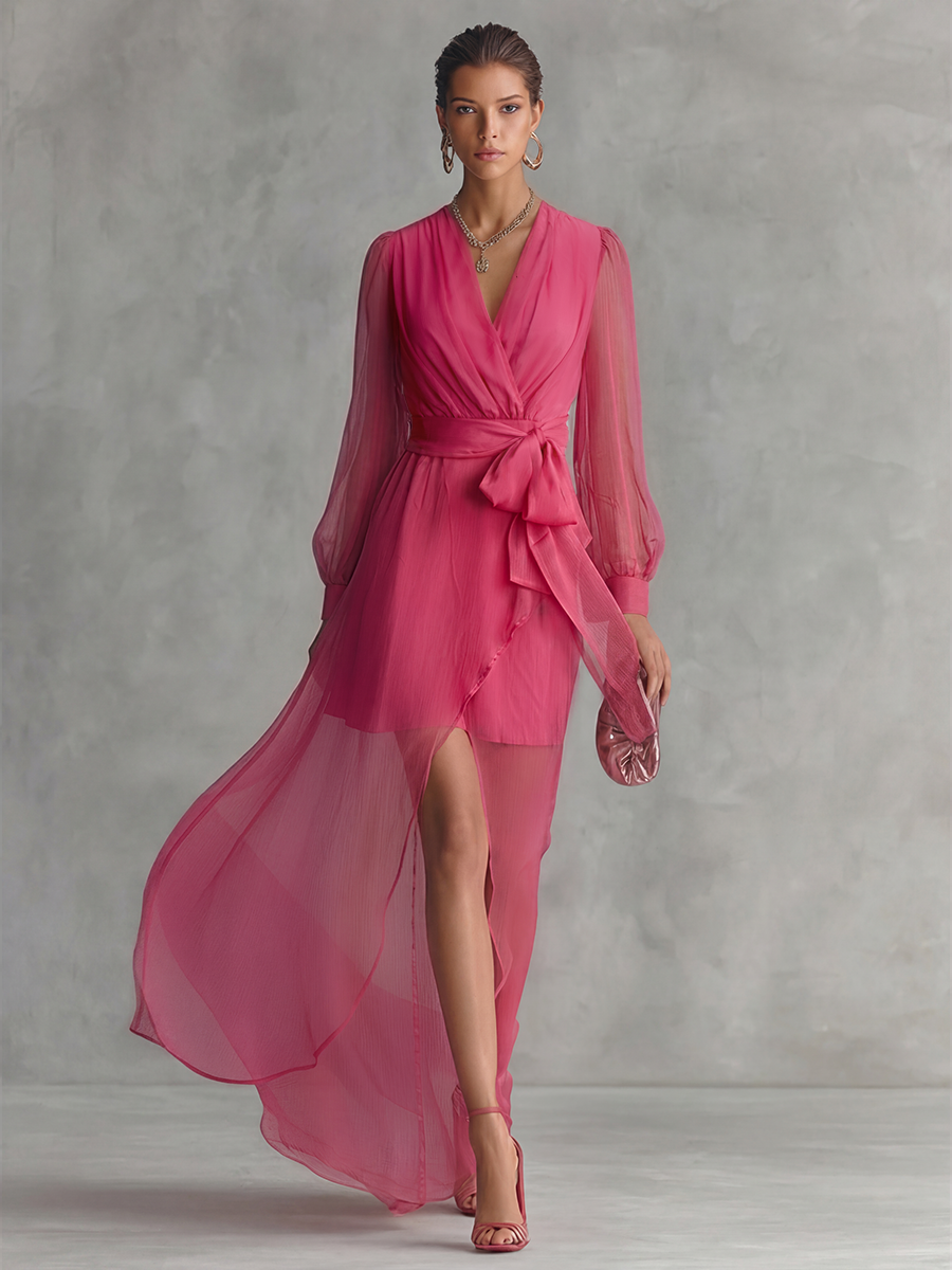 Vrouwen Elegante Roze Parels Chiffon V-hals Strik Taille Lange Jurk MDZ1925A7BA