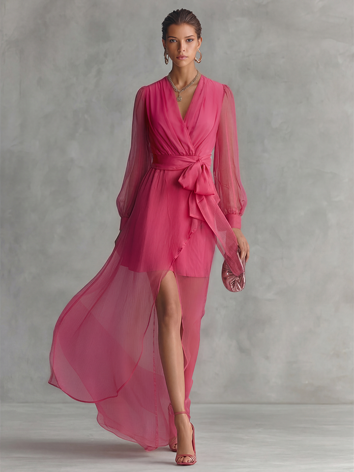 Vrouwen Elegante Roze Parels Chiffon V-hals Strik Taille Lange Jurk MDZ1925A7BA