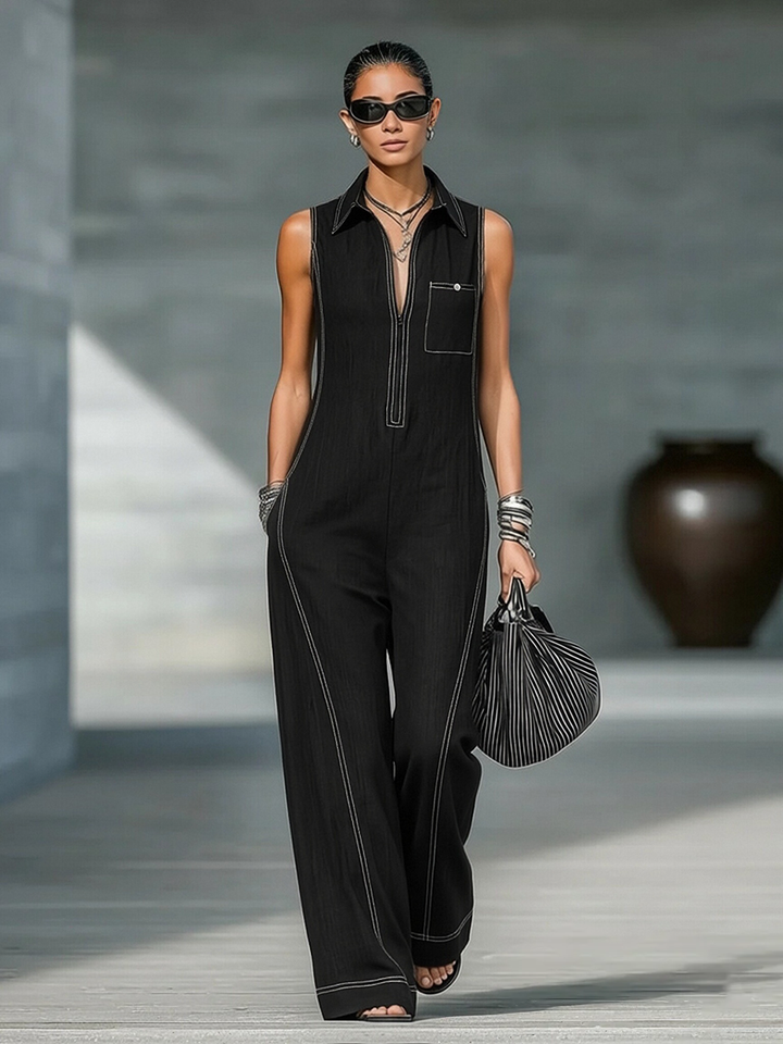 Dames Minimalistische Loszittende Wit Afgewerkte Mouwloze Jumpsuit MDA3086L9Y