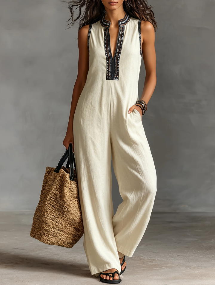 Dames Minimalistische Linnenmix Mouwloze Jumpsuit Met Rits En Staande Kraag, Met Borduursel MDZ0627B3Y