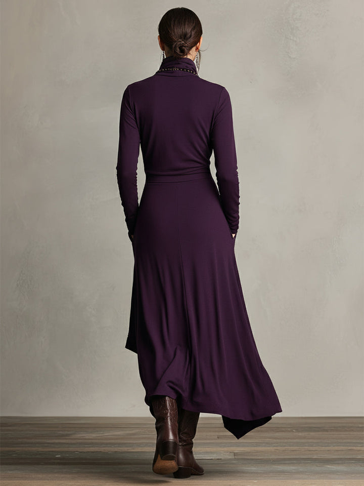 Dames Paarse Boheemse Katoenen Stretch Col Asymmetrische Geplooide Maxi Jurk MDA2055J9I