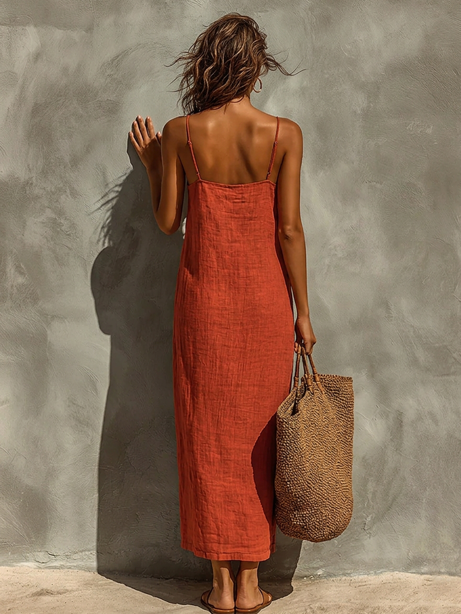 Dames Rode Katoenen Jurk Met Spaghetti Bandjes & Vierkante Hals, Tijdloze Boho-Resort Stijl Jurk MDZ0924C3I