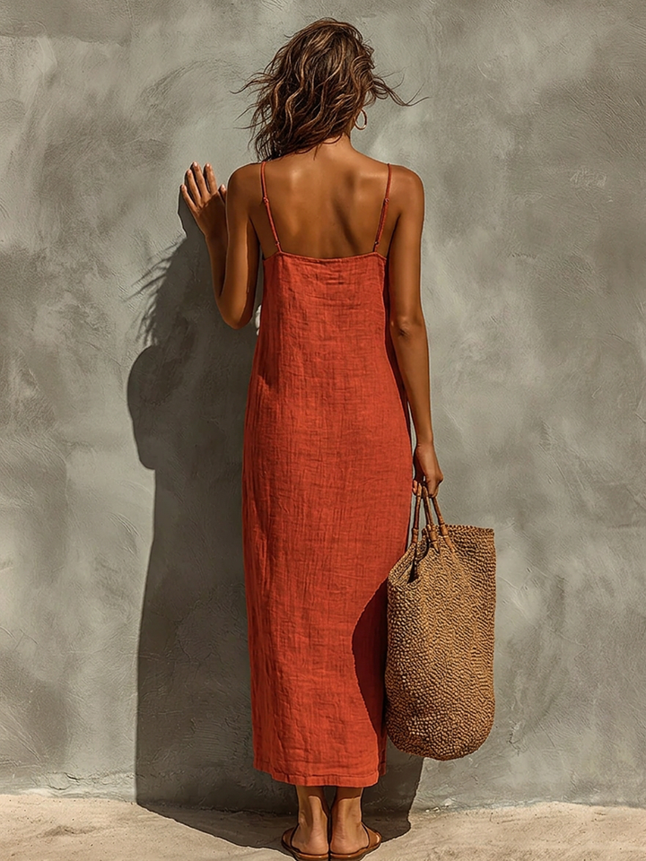 Dames Rode Katoenen Jurk Met Spaghetti Bandjes & Vierkante Hals, Tijdloze Boho-Resort Stijl Jurk MDZ0924C3I