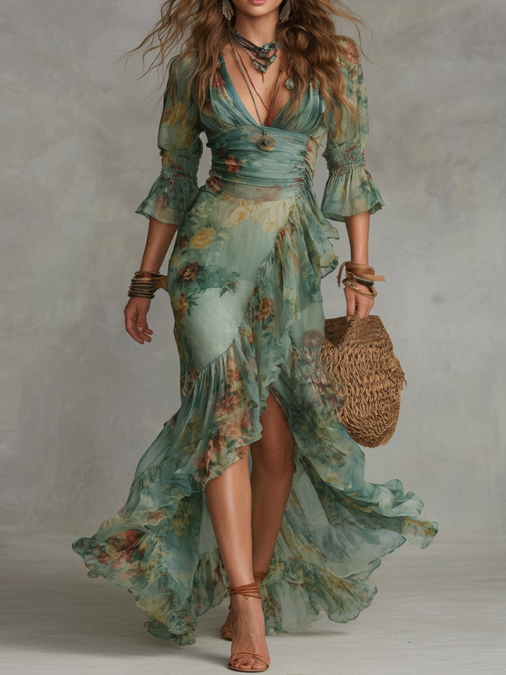 Maxi Jurk in Chiffon Groen met Ongelijke Rouches en Split