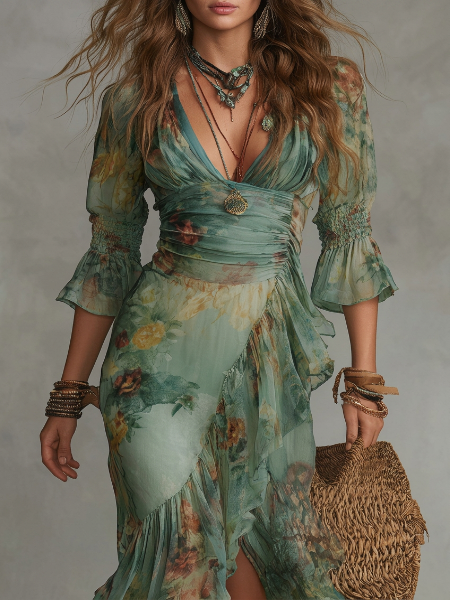 Maxi Jurk in Chiffon Groen met Ongelijke Rouches en Split