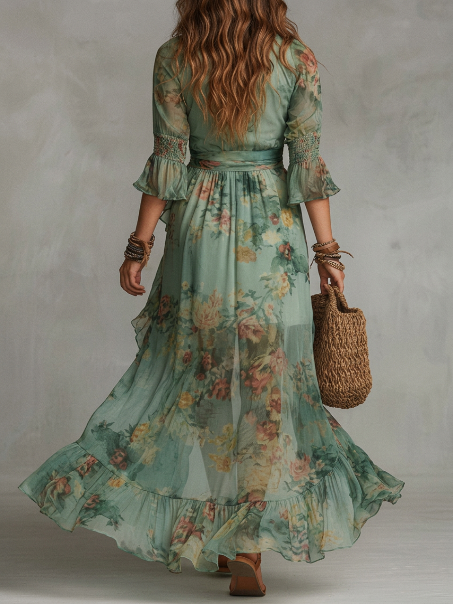 Maxi Jurk in Chiffon Groen met Ongelijke Rouches en Split