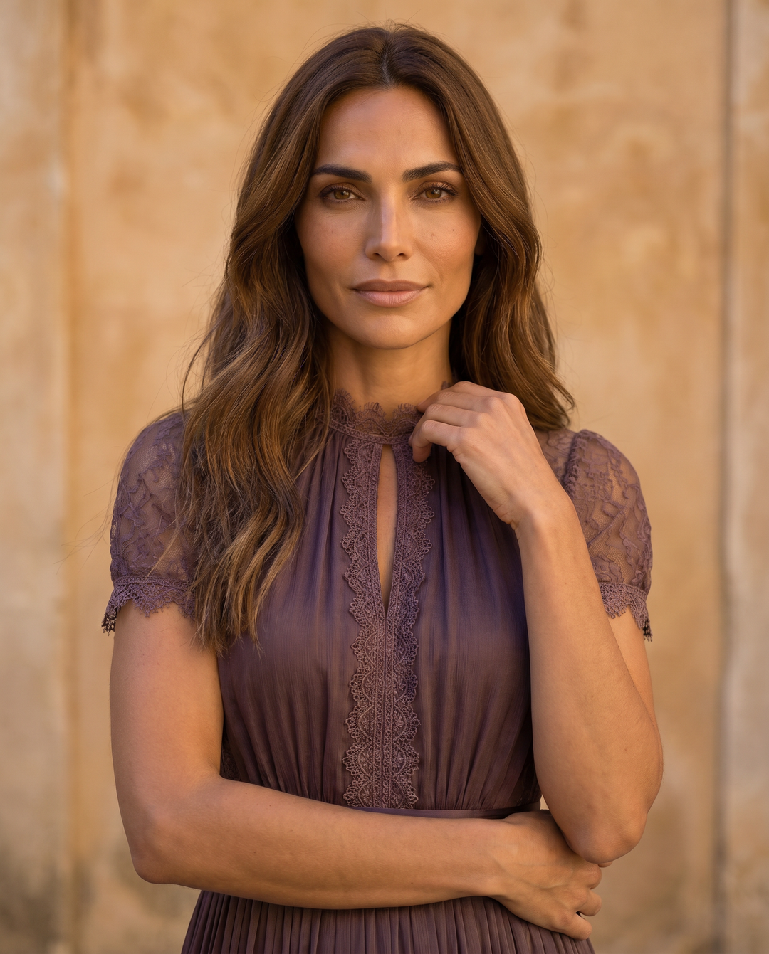 Flavia | Lange paarse jurk met sleutelvormige decolletéhals, chiffon kantafwerking