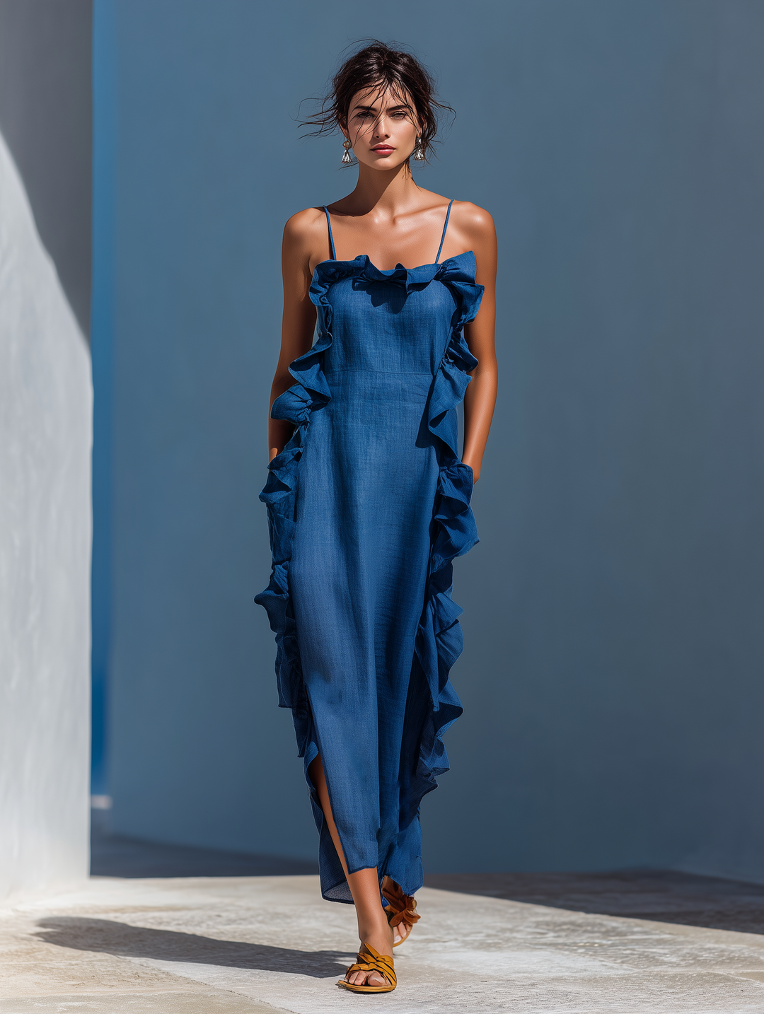 Dames Blauwe Linnenmix Spaghetti Strap Ruffle Trim Maxi Jurk Met Split MDZ2407D1T