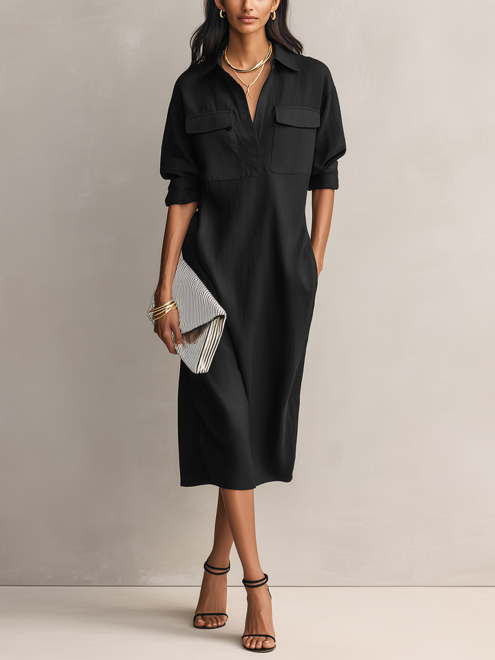 Vrouwen Elegant Zwart Katoen-Linnen Blend Overhemdkraag Korte Mouwen Midi Jurk MDZ0455C2AN