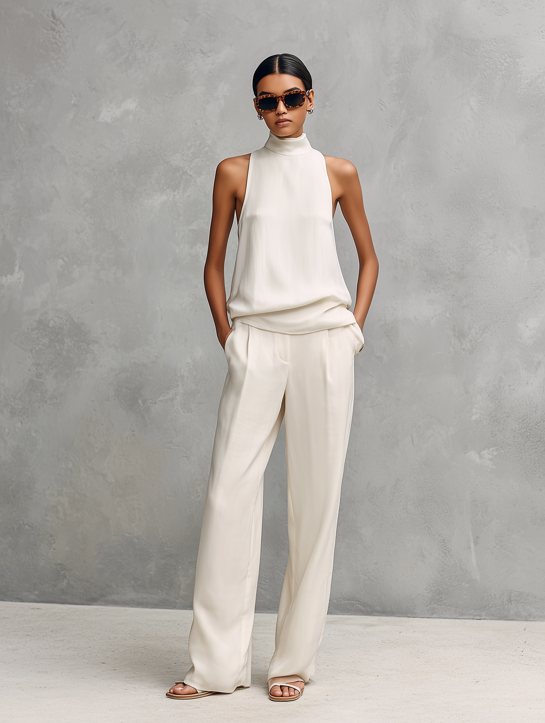 Dames Elegante Zwarte Katoenen En Linnen Ronde Hals Mouwloze Top En Broek Set MDZ1441A4AN