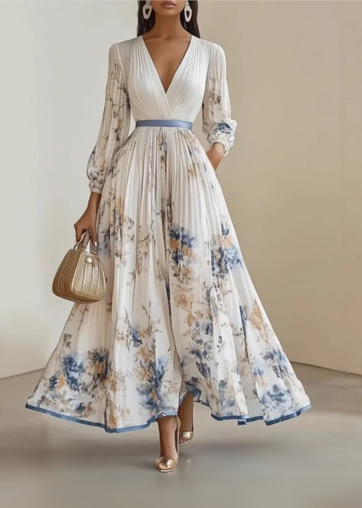 Paz™ | Tijdloze Maxi Plissé Jurk met Bloemenprint