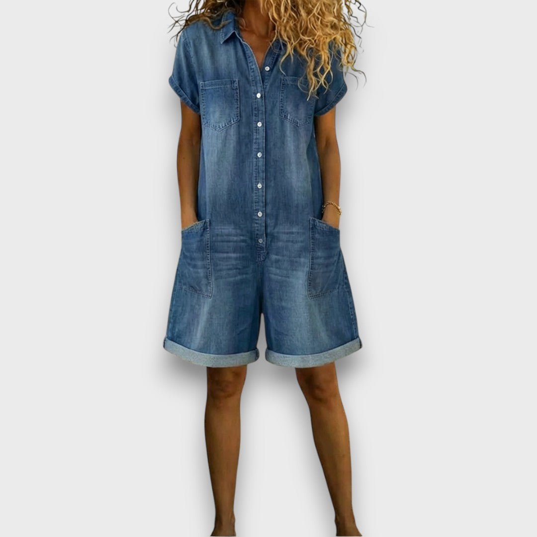Sofía - Korte vintage salopette van katoen met denimlook