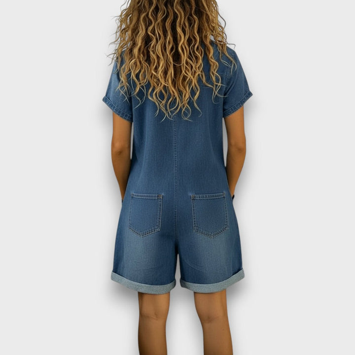 Sofía - Korte vintage salopette van katoen met denimlook