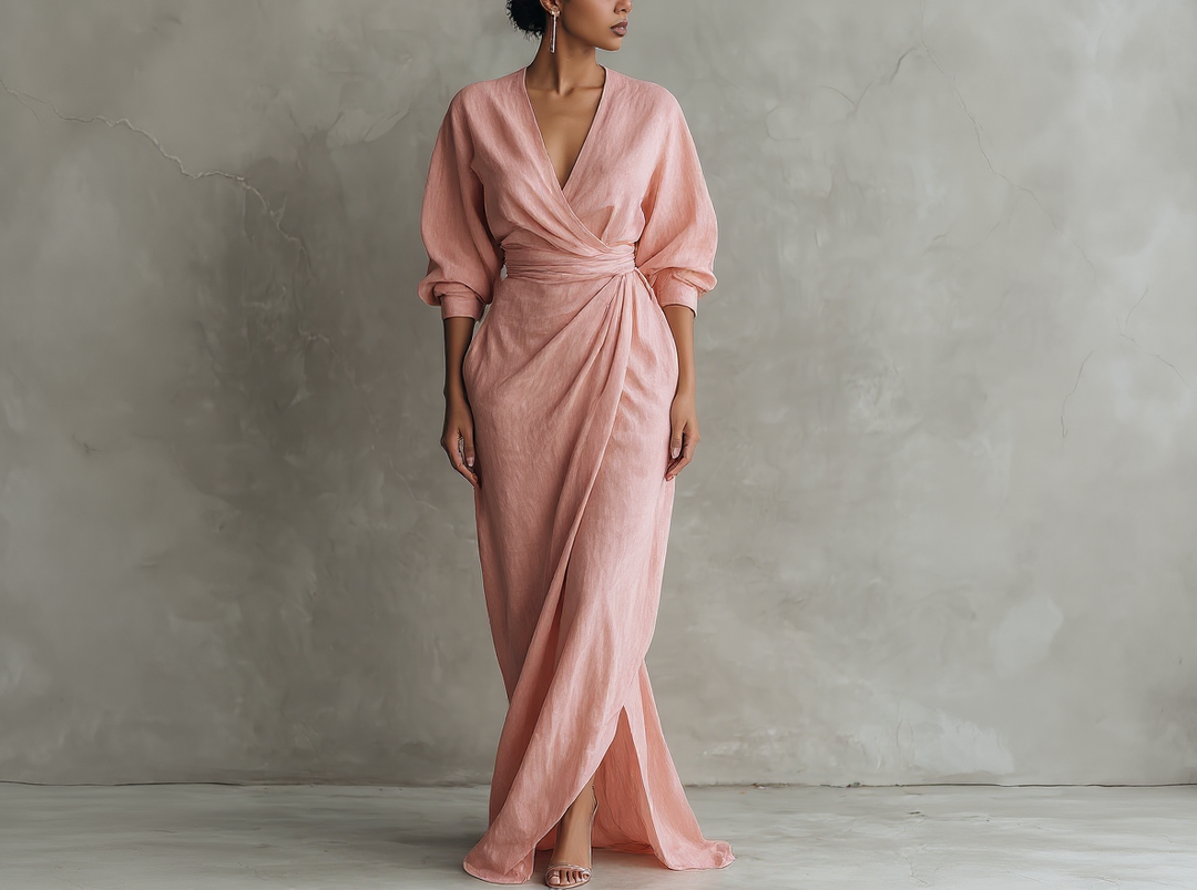 Minimalistische lange roze jurk met V-hals in linnenmix voor dames