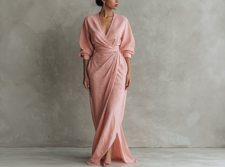 Minimalistische lange roze jurk met V-hals in linnenmix voor dames