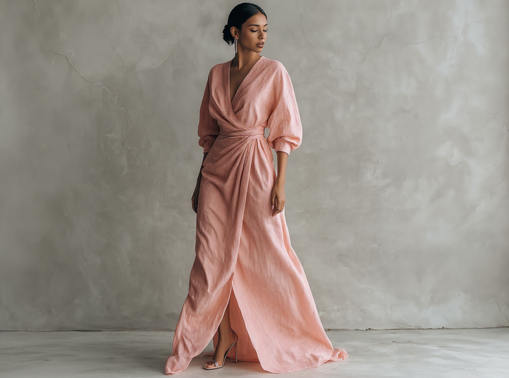 Minimalistische lange roze jurk met V-hals in linnenmix voor dames