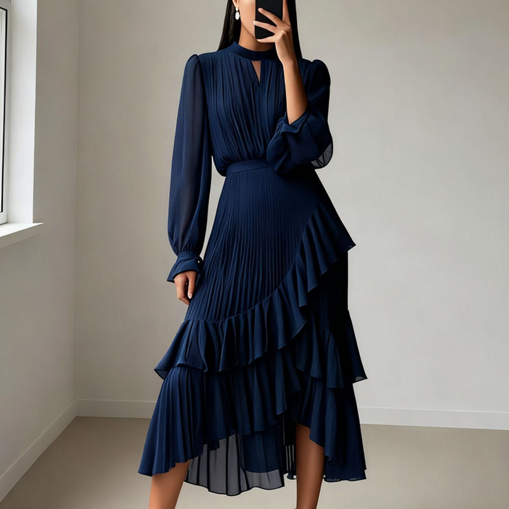 Elegante midi plissé jurk met ruffles