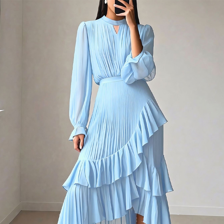 Elegante midi plissé jurk met ruffles