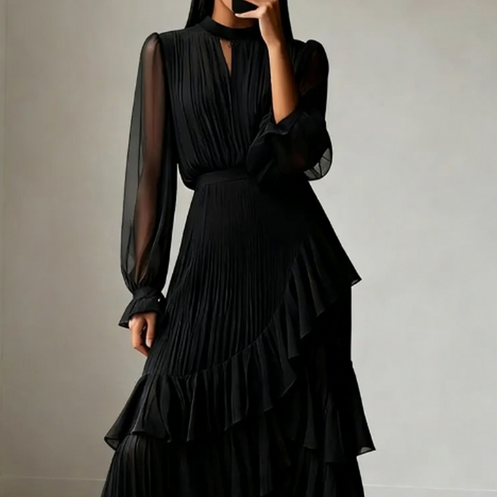 Elegante midi plissé jurk met ruffles