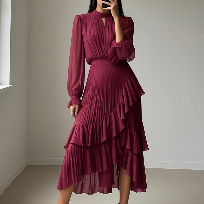 Elegante midi plissé jurk met ruffles