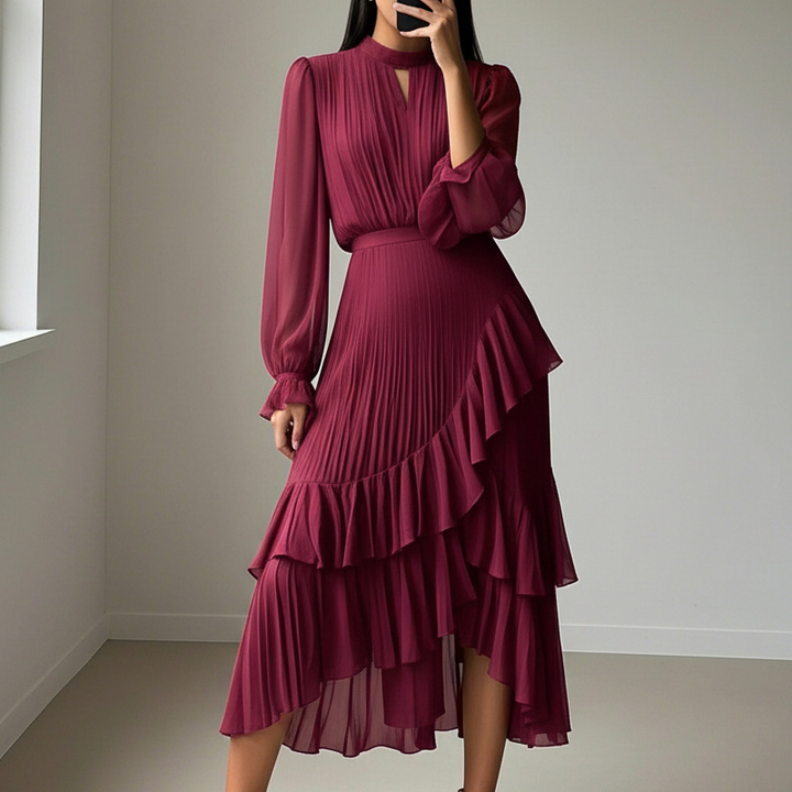 Elegante midi plissé jurk met ruffles