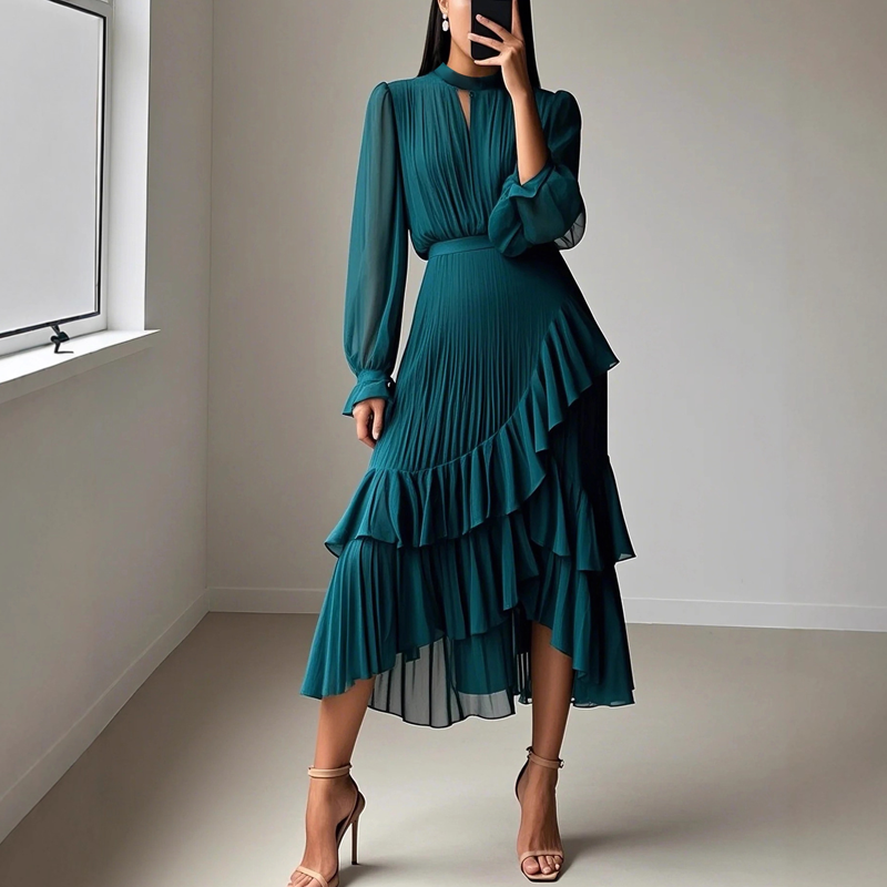 Elegante midi plissé jurk met ruffles