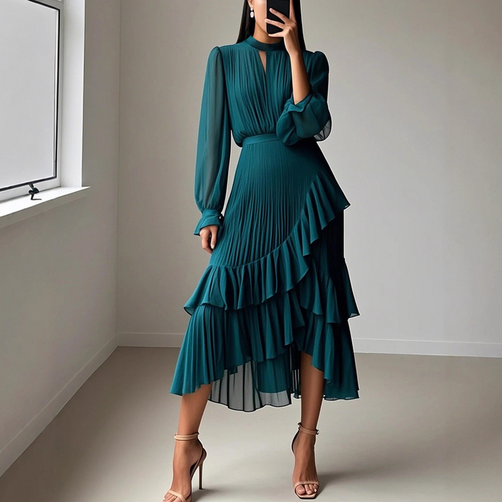 Elegante midi plissé jurk met ruffles