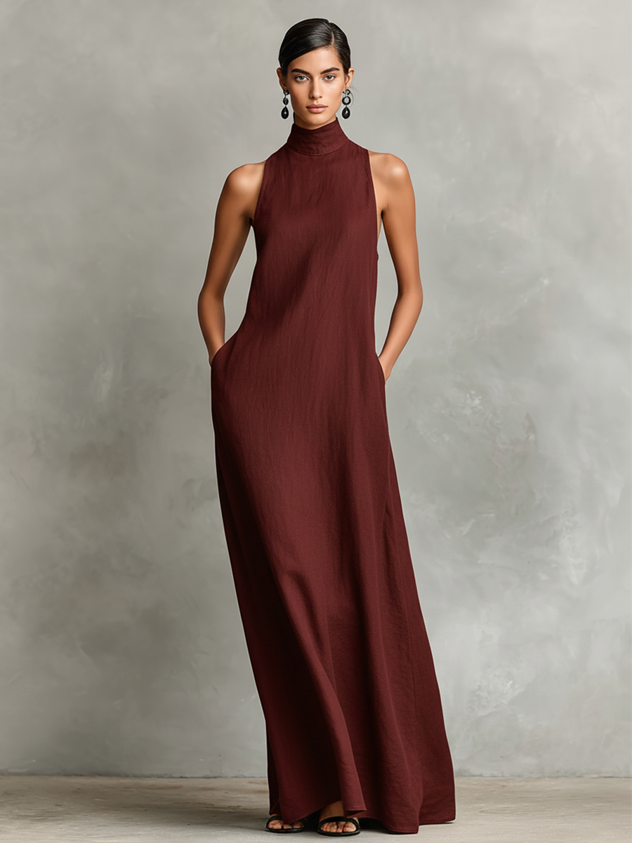 Dames Zwarte Linnenmix Maxi Jurk Met Hoge Hals & Zakken, Tijdloze Minimalistische Casual Jurk MDZ2597D7LYL