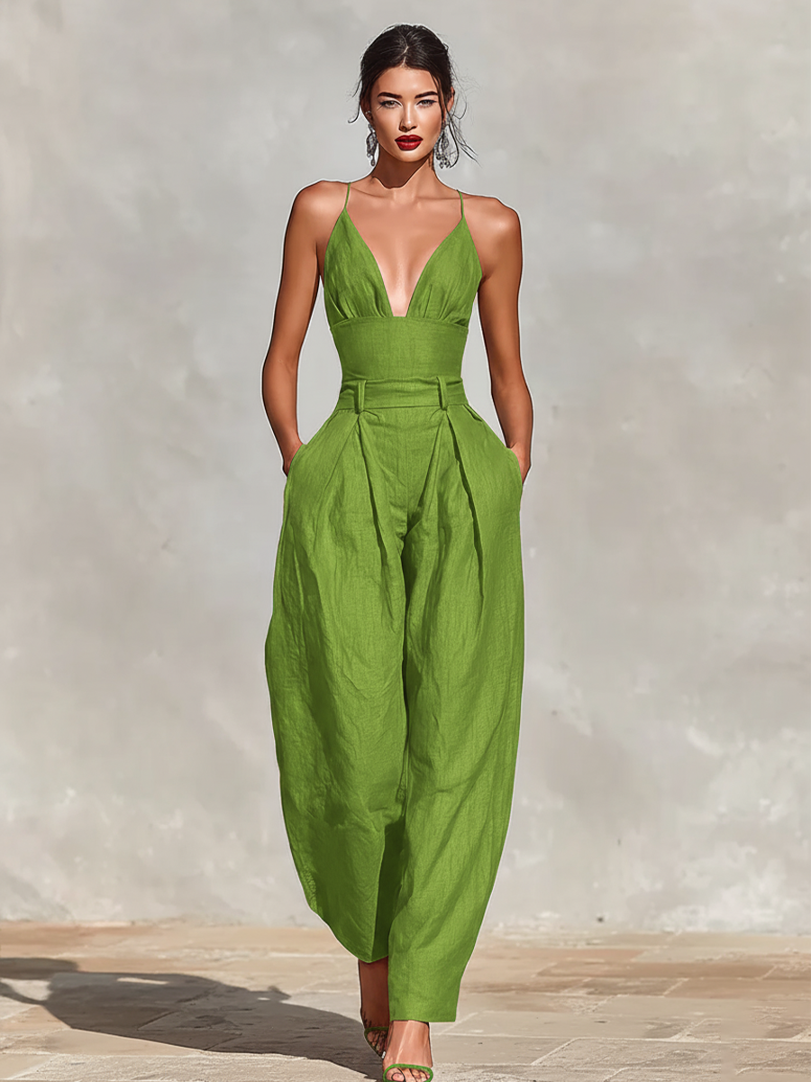 Dames Rode Linnen Jumpsuit Met Spaghetti Bandjes & Hoge Taille Plissé Broek, Tijdloze Romantisch-Elegante Stijl Jumpsuit MDZ1915C8I