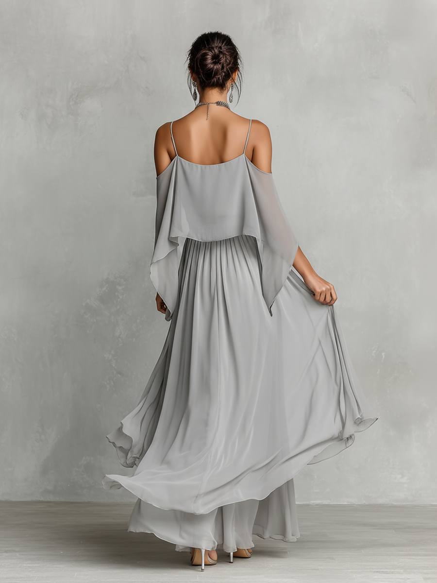 Dames Grijze Ademend Chiffon Set Met Koude Schouder Detail & Flared Silhouette, Hedendaagse Luxe-Vrouwelijke Stijl Set MDZ2651B6I