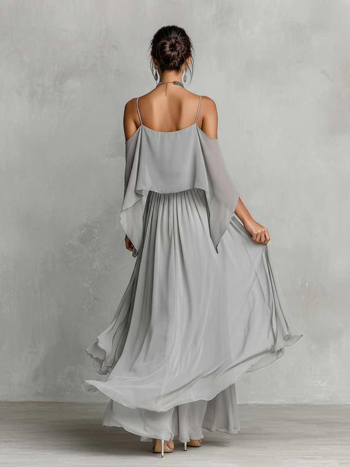 Dames Grijze Ademend Chiffon Set Met Koude Schouder Detail & Flared Silhouette, Hedendaagse Luxe-Vrouwelijke Stijl Set MDZ2651B6I