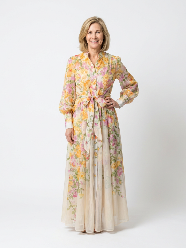 Cressida | Florale, transparante Maxikleed met lange mouwen