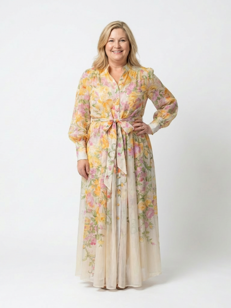 Cressida | Florale, transparante Maxikleed met lange mouwen