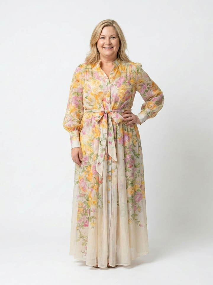 Cressida | Florale, transparante Maxikleed met lange mouwen