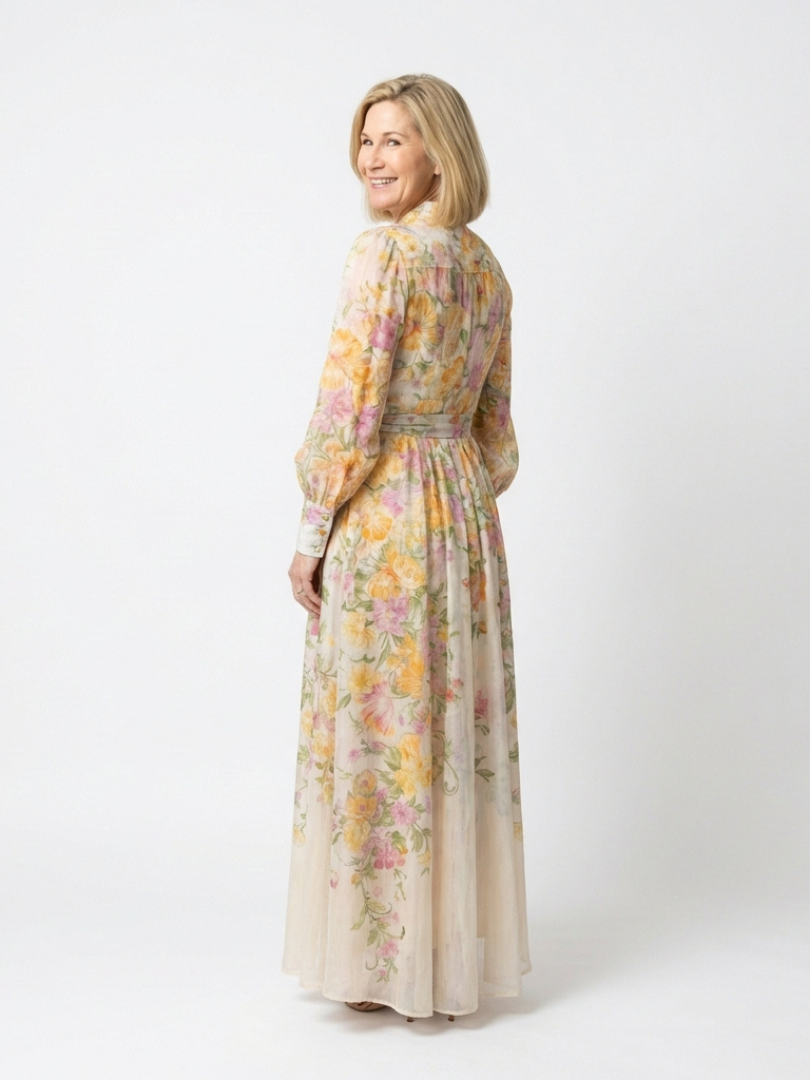 Cressida | Florale, transparante Maxikleed met lange mouwen